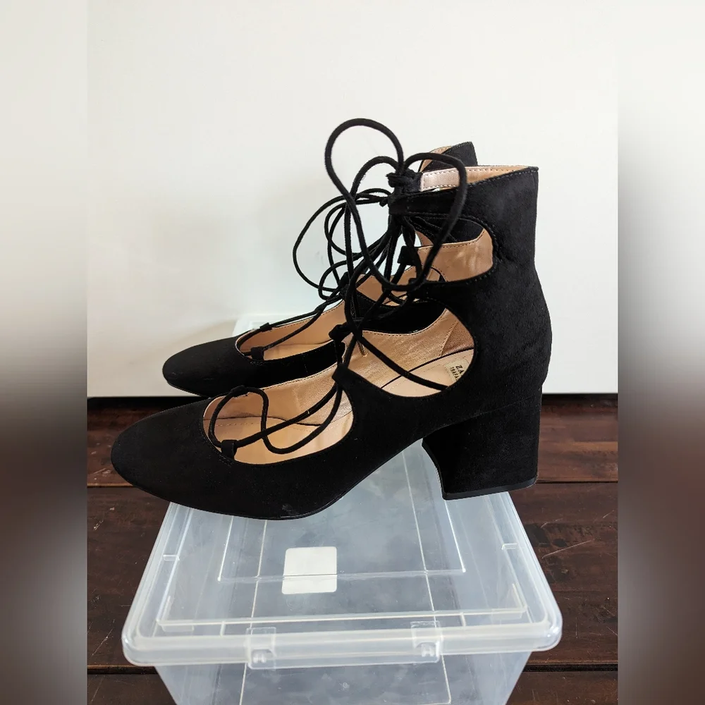 Zara Lace up Black Suede Heels - Picture 3 of 9
